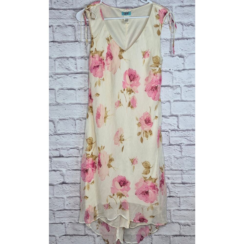 VTG Y2K Sfuzi Floral Midi Dress Sz 9 Pink Rose Fairycore Cottagecore Chiffon